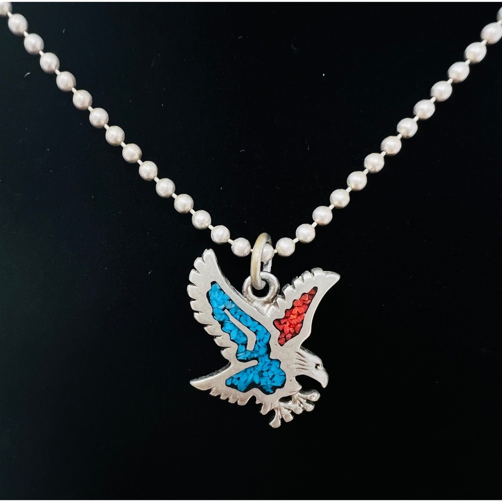 Vintage Sterling Silver Crushed Turquoise & Coral inlay Eagle Pendant Necklace